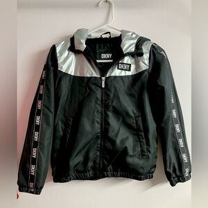 DKNY Girl’s Hooded Lightweight Jacket, Medium (10-12), Black/Silver